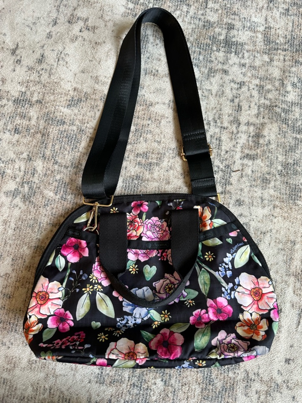 LeSportsac Floral Nylon Tote Crossbody Bag Black Multi Travel Everyday - Picture 2 of 9